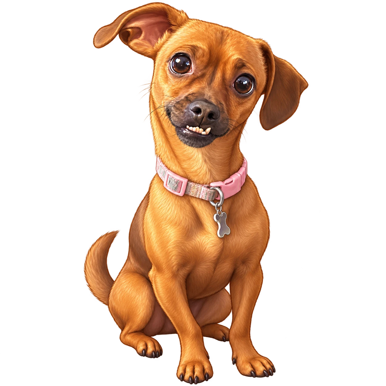 Potato, the real golden-brown dog who inspired our smiling studio mascot, with big round eyes and pink collar